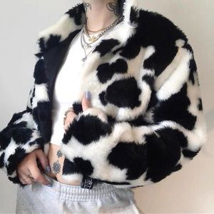Cow pattern faux fur short jacket